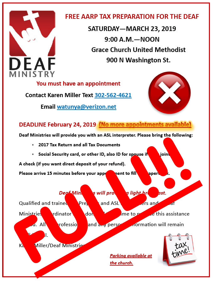The 2019 Deaf Tax day at Grace Church is now full.  No more registrations being done now.