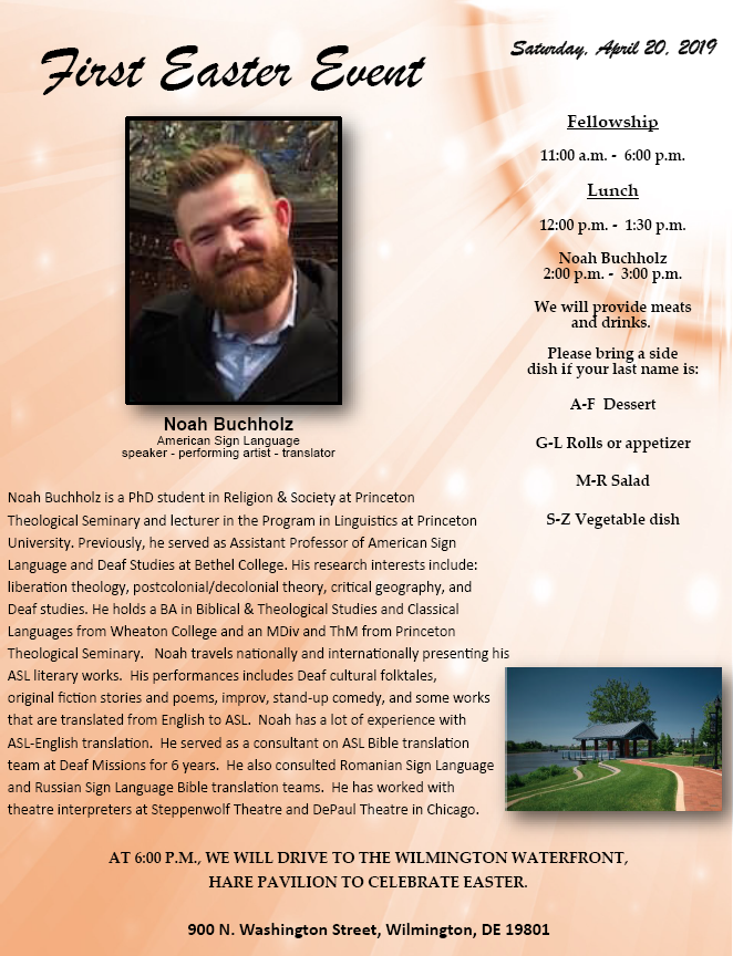 Easter Event, April 20, 2019 by Noah Bucholz at Grace Church at 2p then moving to the Waterfront at 6p.  See flyer for more details.