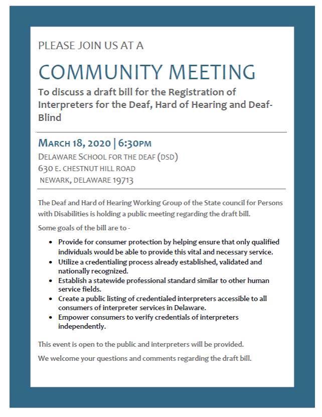 Interpreter Bill community meeting on March 18, 2020 at 6:30p at DSD
