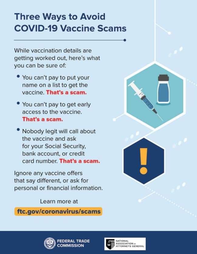 3 ways to avoid covid19 vaccine scams flyer from FTC, basically do not give out money or SSN, nothing personal.