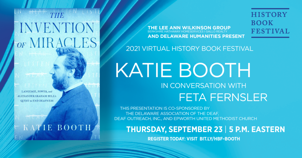 left side shows a picture of a book titled The Invention of Miracles by Katie Booth, right side announces a converstation with DAD Feta Fernsler about the book on Thursday, Sept 23, 2021 at 5pm