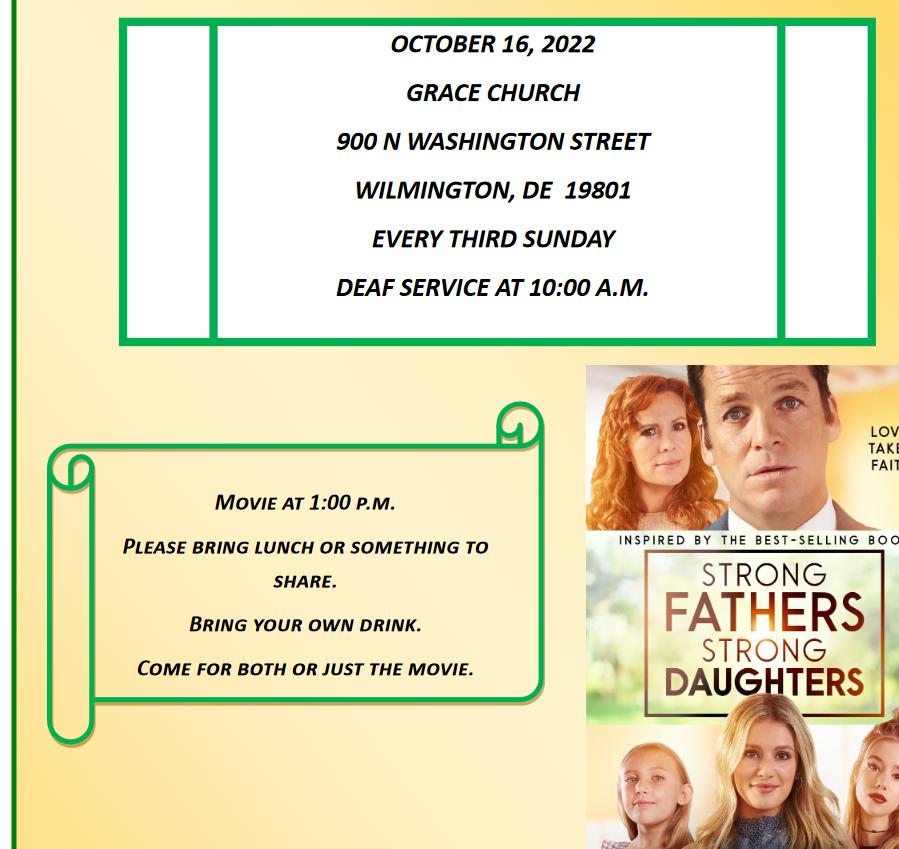 Oct 16, 2022 at Grace Church, 10am, movie at 1pm showing Strong Fathers, Strong Daughters