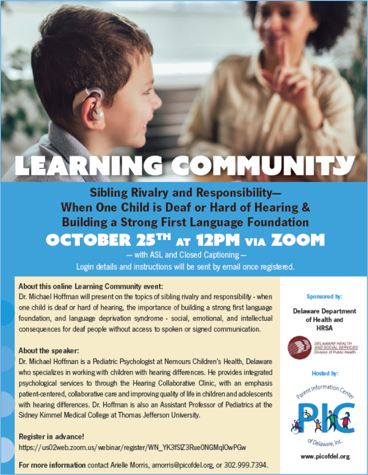 Learning Community on Sibling Rivalary on Oct 25, 2022 at 12pm via Zoom, ASL and captions provided