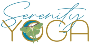 Serenity Yoga logo with a green butterfly over the big O letter