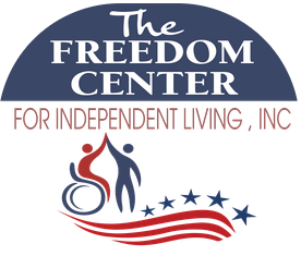 The Freedom Center for Independent Living logo showing a wheelchair user high fiving another person over American stripes and stars