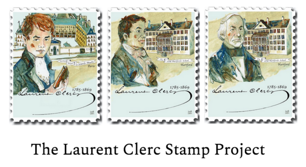 The Laurent Clerc Stamp Project shows 3 stamp designs based on 3 important aged milestones.  Young with red hair in France then middle aged with fading red hair and elderly with white hair  in Hartford, CT.  See the PDF files for more info