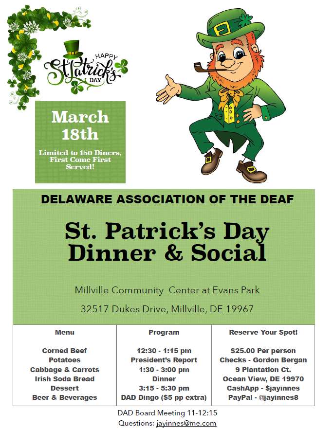 St Patricks Day meeting, dinner and social on March 18, 2023 in Millville. See PDF flyer for details.