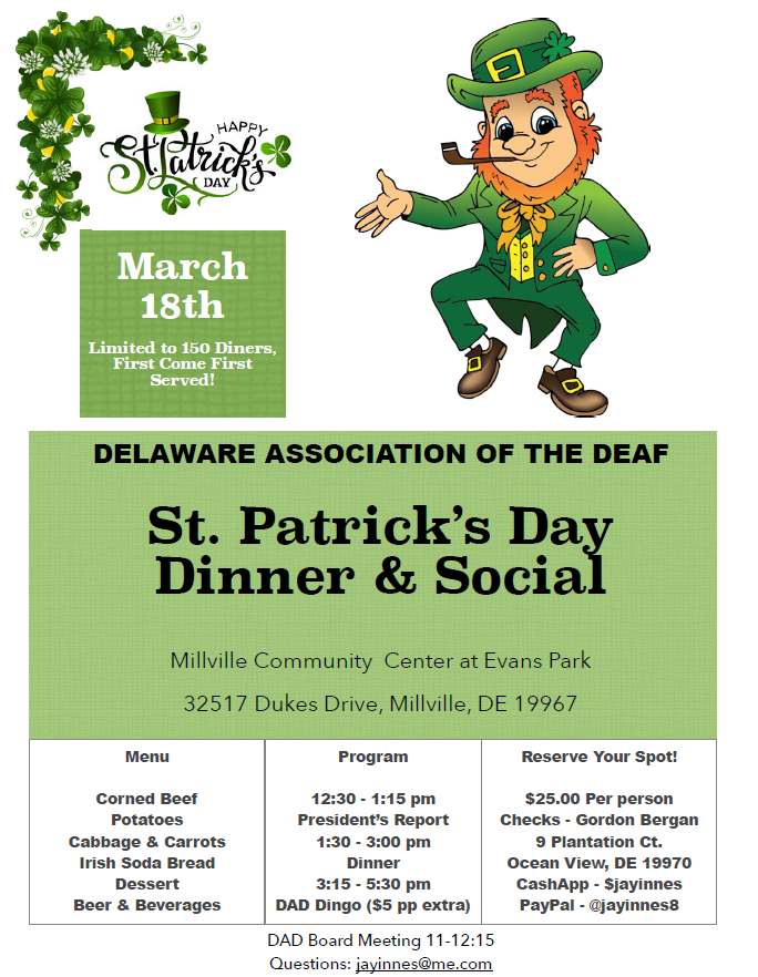 St Patricks Day meeting, dinner and social on March 18, 2023 in Millville.  See PDF flyer for details.