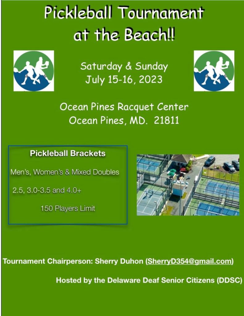 Pickleball Tournament at Ocean Pines Racquet Center, July 15-16, 2023. Hosted by DDSC. Questions, contact Sherry Duhon sherryd354 at gmail dot com.