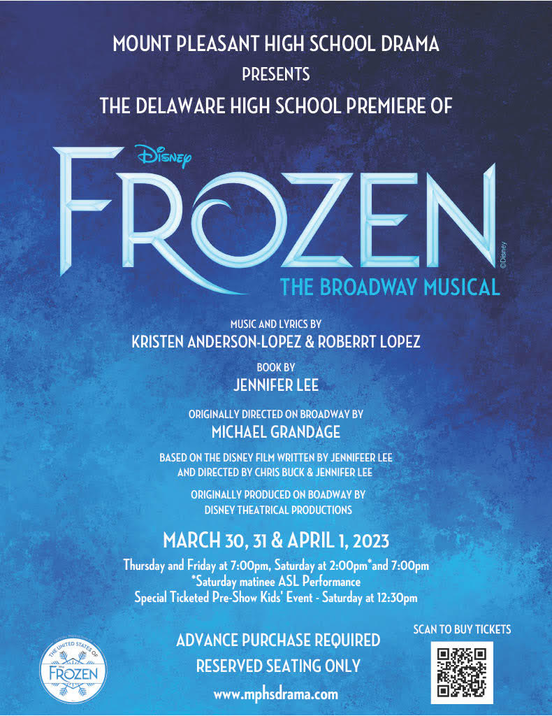Frozen Broadway Musical presented by Mt. Pleasant H.S., ASL performance is on April 1, 2023 at 2pm.  Get tickets at https://www.onthestage.tickets/show/mount-pleasant-high-school1/63c3490bfadd3d0e436a7df5