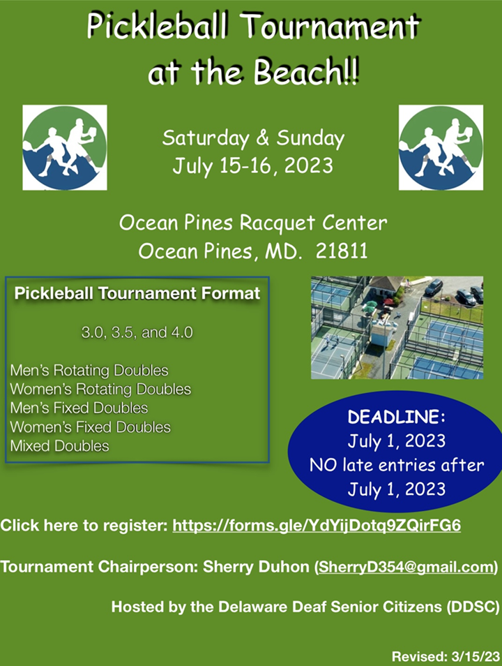 updated pickleball flyer narrowing format types and deadline to apply is July 1, 2023. Links to register is added.