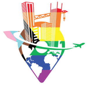 New colorful Deafopia logo showing skyscrapers on top of a location pin shape of earth with a green airplane flying by