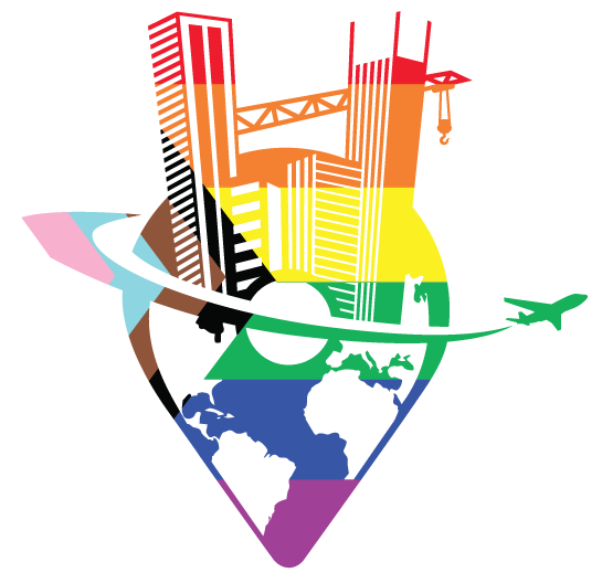 New colorful Deafopia logo showing skyscrapers on top of a location pin shape of earth with a green airplane flying by