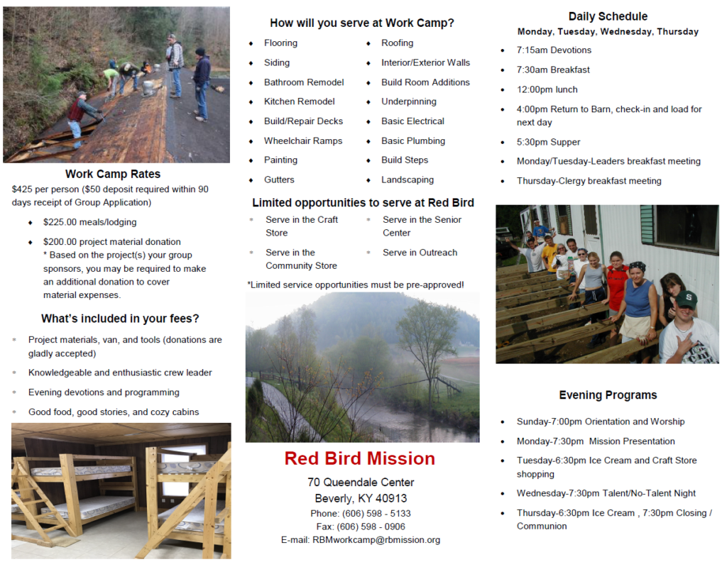 Red Bird Mission Work Camp, Summer 2023 page 2 - questions, tbmworkcamp@rbmission.org or check out www.rbmission.org. 