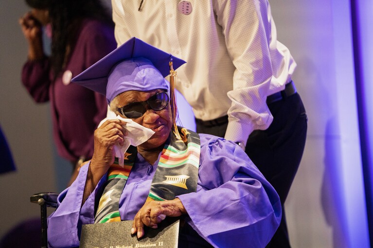 Janice Boyd Ruffin tears up after accepting a diploma on Saturday during a ceremony at Gallaudet University honoring students who attended a segregated school on the university's campus in the 1950s. (Minh Connors/The Washington Post)