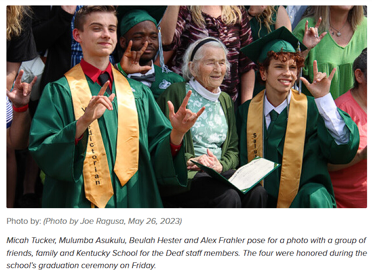 KSD 2023 graduates with 94 year old graduate, Beulah Hester, only one not in graduation gown.  Photo by Joe Ragusa.