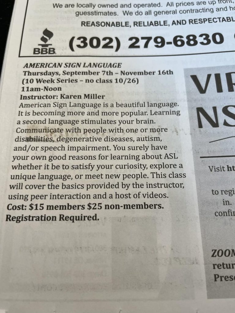 ASL classes at the Newark Senior Center on Thursdays from 11a-12pm between Sept 7-Nov 16, no classes on Oct 26