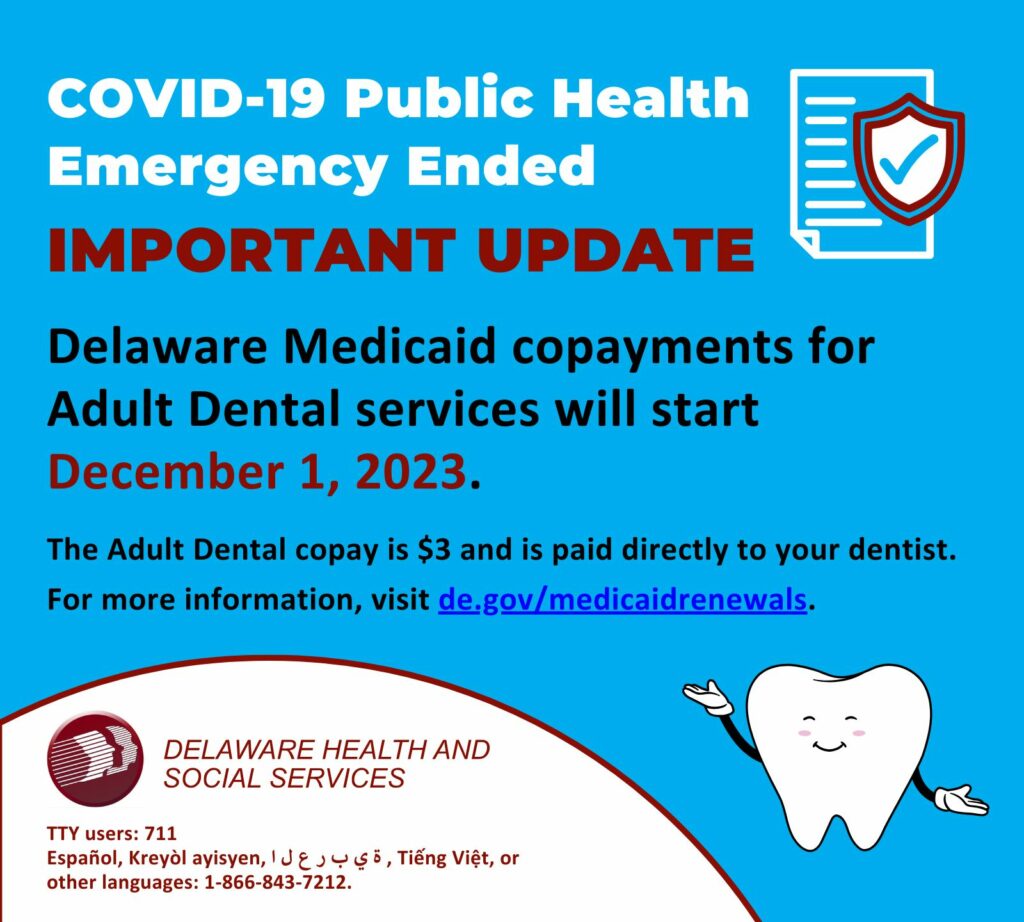 Delaware Medicaid co-payments for Adult dental services will be $3 copay starting Dec. 1, 2023.  