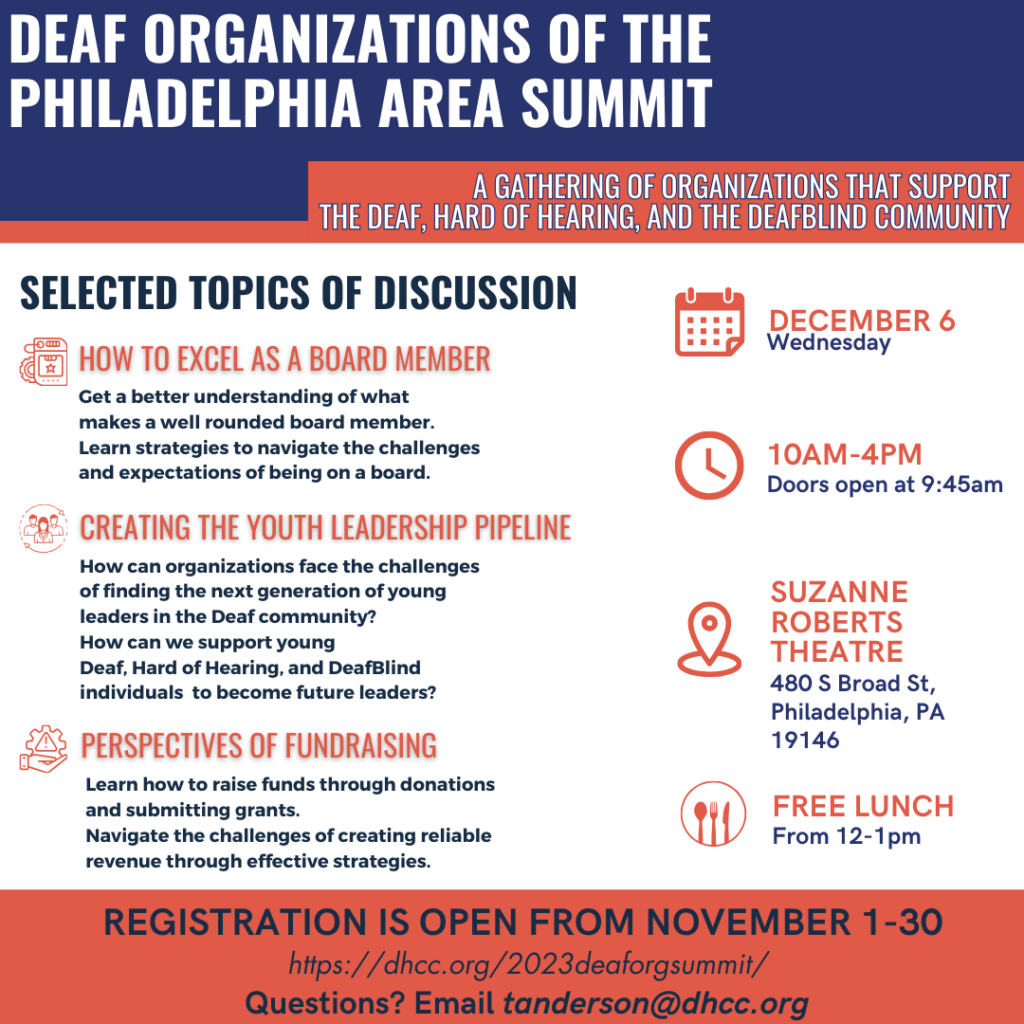 DHHC Philadelphia Summit, Dec 6, 10a-4p at the Suzanne Roberts Theatre.  Some topics covered are how to excel as a board member, youth leadership pipeline, fundraising ideas.  Free Lunch.  Register by Nov. 30 via link below.