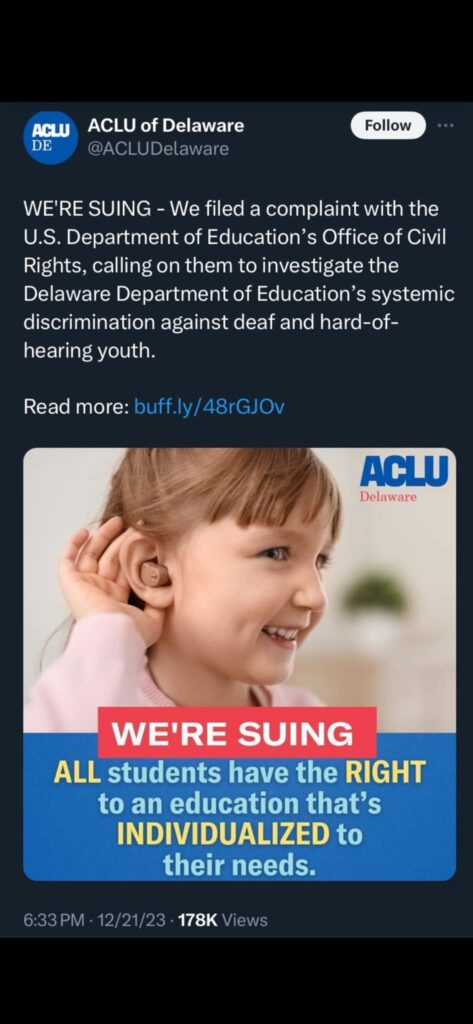 ACLU post saying that they are 'suing' for violations of Deaf and Hard of Hearing Education