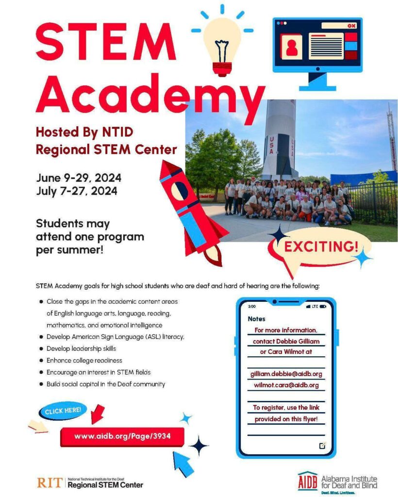 STEM Academy hosted at NTID in Rochester, NY.  2 dates listed.  See link below for more details.