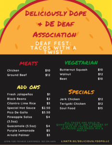 Deliciously Dope's Menu for Deaf Expo 2024