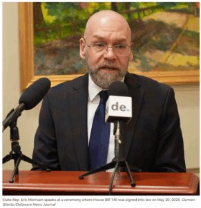 State Representative Eric Morrison speaks at a ceremony where House Bill 140 was signed into law on May 20, 2025.  Damian Giletto/Delaware News Journal