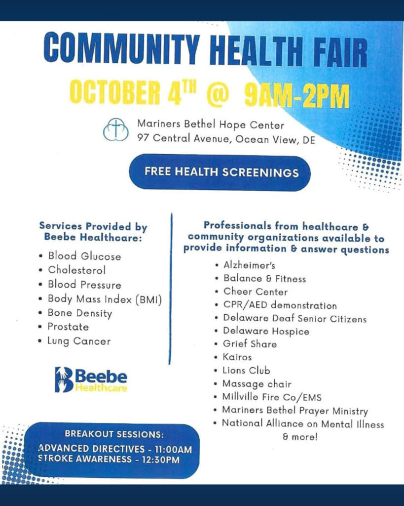 Community Health FAir, Oct. 4, 2025, 9a-2p, Mariners Bethel Hope Center, Ocean View, DE, Free Health Screenings provided by Beebe Healthcare, workshops provided, 2 ASL interpreters will be present also
