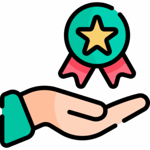 White hand holding up a prize with a star in the center of it. 