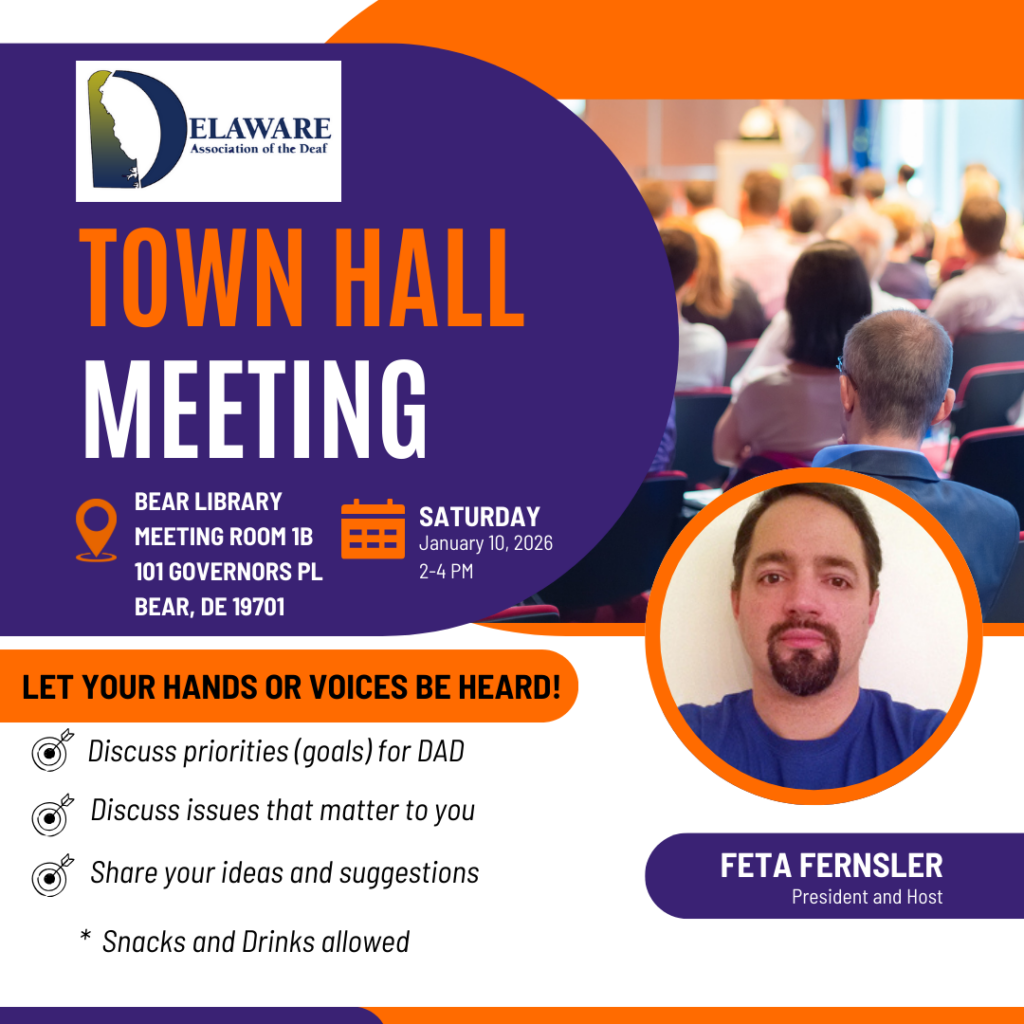 Town Hall hosted by DAD
Jan. 10, 2026
2-4p
Bear Library
Meeting Room 1B
101 Governors Pl
Bear, DE
Share your ideas or concerns.  Snacks and drinks allowed.
