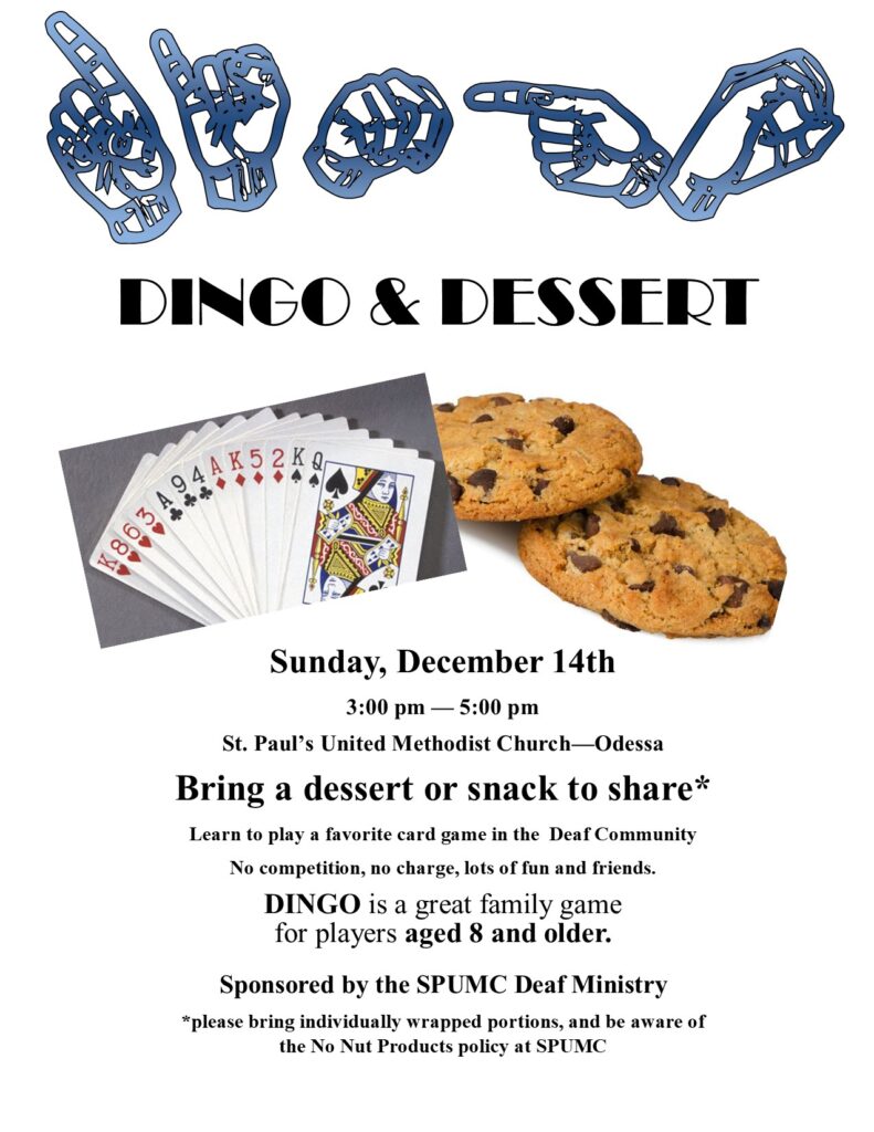 Dingo and Dessert
Sunday, Dec. 14, 2025
3-5p
St. Paul's United Methodist Church
Bring snack or dessert - no nuts due to allergies