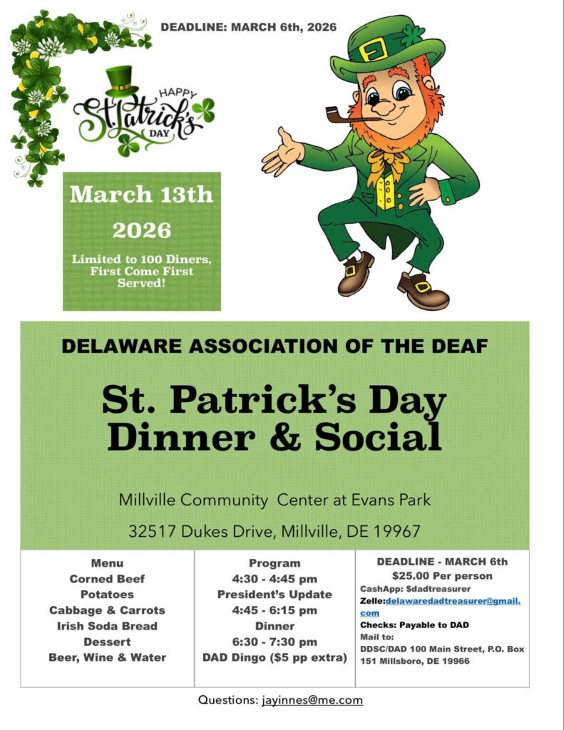St Patrick's Dinner and Social
Friday, March 13 at 4:30p
Ticket Deadline is March 6
$25/person
Cash App: $dadtreasurer
Zelle: delawaredadtreasurer@gmail.com
Questions: jayinnes at me.com