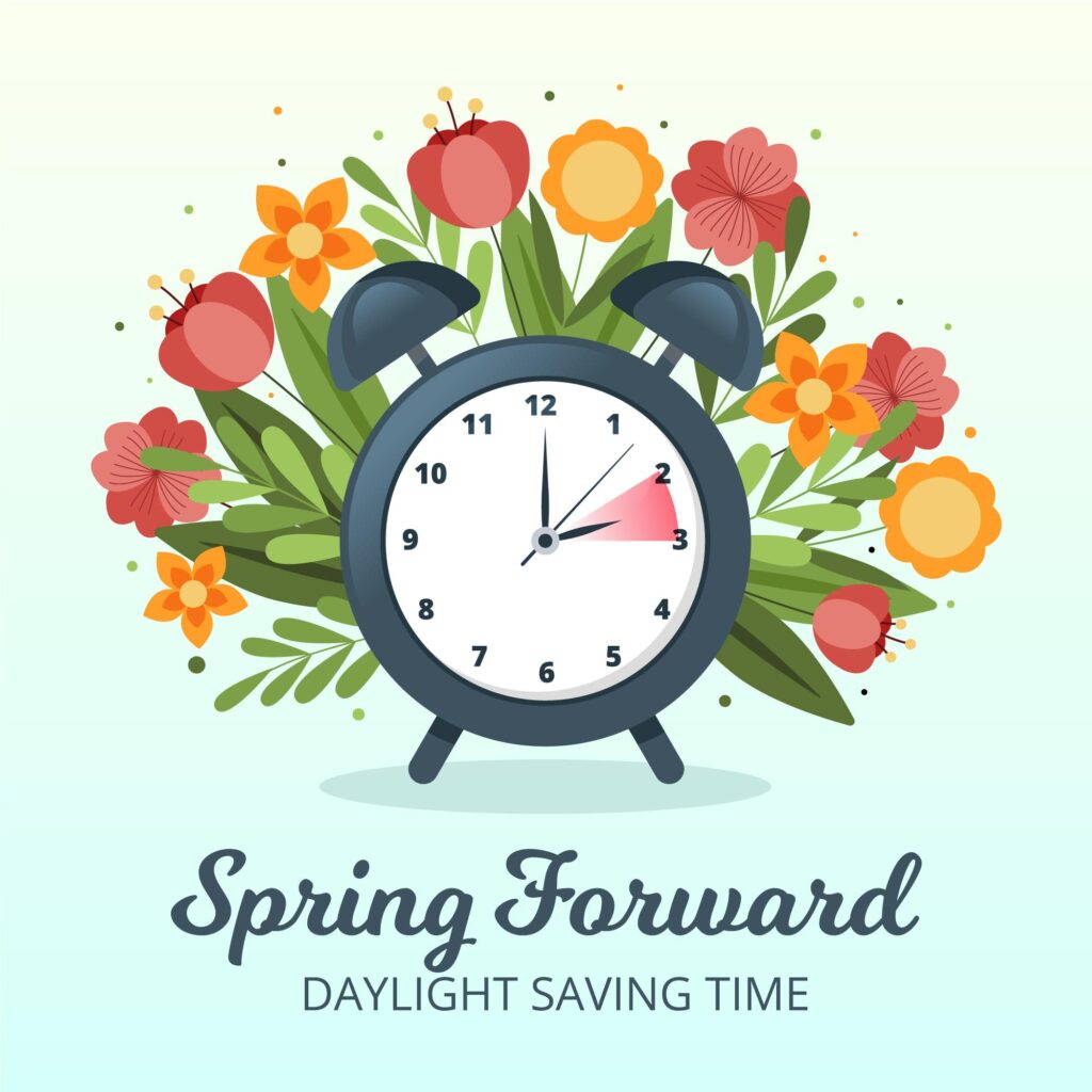 clock showing time change - spring forward 1 hour with flowers behind clock.  

Caption says Daylight Savings Time

Designed by Freepik