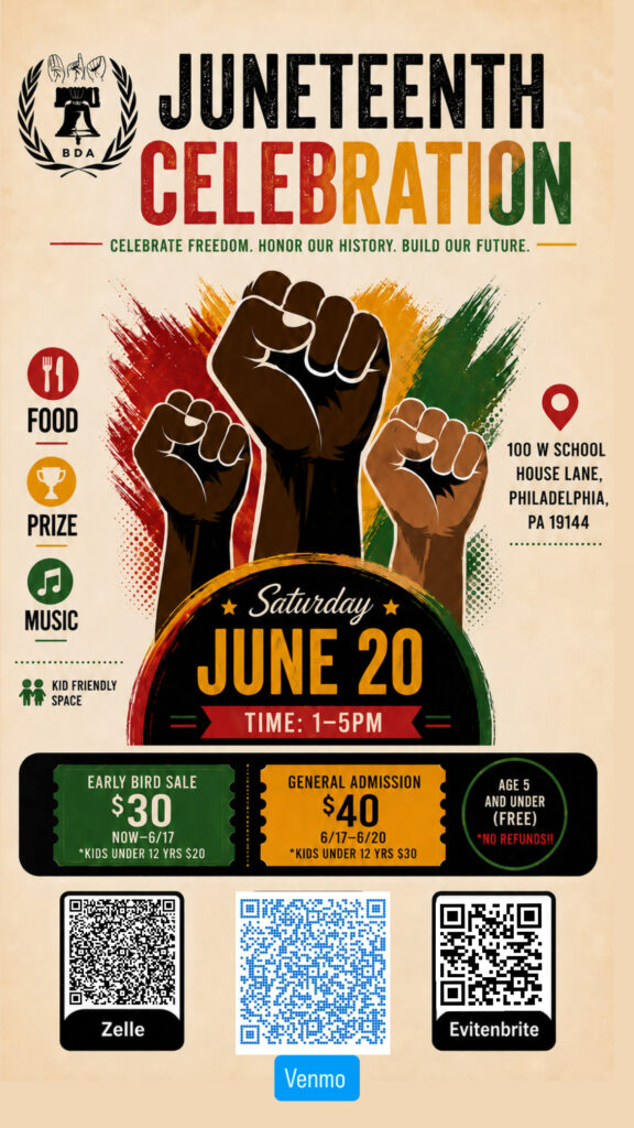 Juneteenth Celebration

Saturday, June 20
1-5pm

PSD School
100 W School House Lane Philadelphia, PA

Early bird sale - $30 until June 17 
General Admission - $40 after June 17

No Refunds

Pay via Zelle (left), Venmo (middle blue box) or Evitebrite (right)
