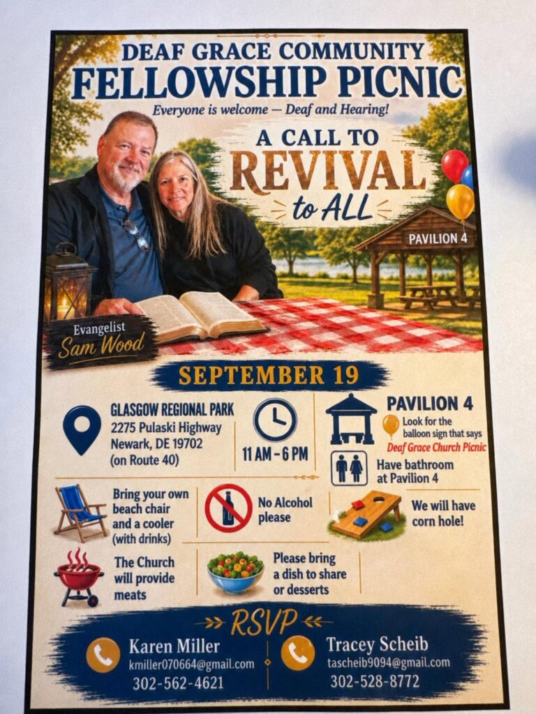 Grace Community Fellowship Picnic
A call to revival to all with Sam Wood

Sept. 19, 2026, 11a-6p
Glasgow regional park, pavilion #4 (with balloons)

Bring chairs, coolors and a dish/dessert to share.  Corn hole and meats provided.

RSVP requested with Karen Miller, kmiller070664@gmail.com or Tracey Scheib, tascheib9094@gmail.com
