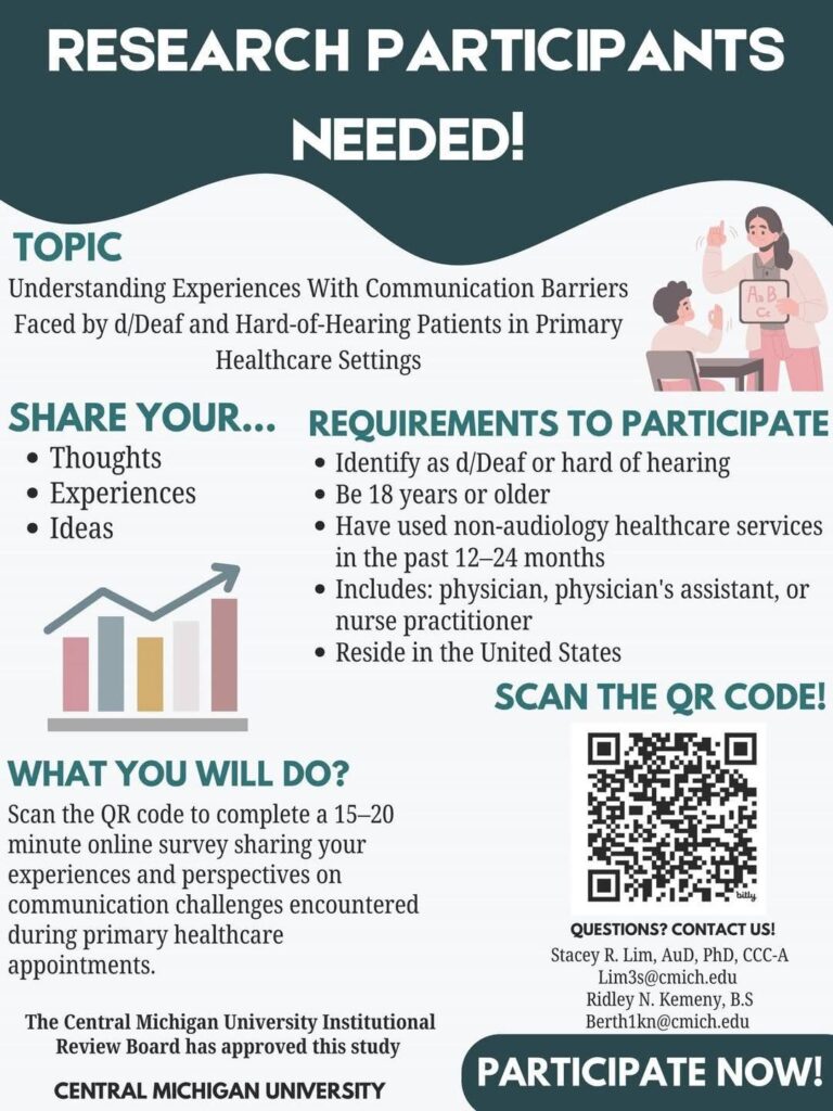Research Participants Needed! Understanding experiences with communication barriers faced by d/hh patients in primary healthcare settings. Share your thoughts, experiences and ideas Requirements Must be d/hh, 18+, seen a doctor in the last 2 years, and live in USA. Complete a 15-20 minute survey. Scan QR code or go to Study Link: https://bit.ly/DHH-MedicalAccessibility. A Central Michigan University Study Questions? Email Stacey Lims at Lim3s@cmich.edu or Ridley Kemeny at Berth1kn@cnmich.edu.