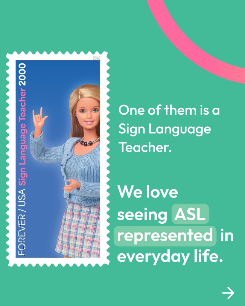Barbie Sign Language Teacher is one of the USPS Stamps! We love seeing ASL represented in everyday life!