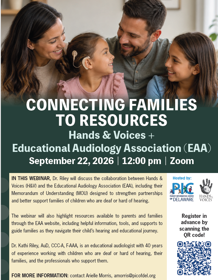 Connecting Families to REsources
Hands and Voices Plus Educational Audiology Association (EAA)
Sept. 22, 2026, 12pm via zoom
Dr. Riley will discuss the collaboration between Hands & Voices and the Educational Audiology Association (EAA) including their MOU (Memorandium of Understanding).
To register, please use the registration link below (QR box shown).
https://forms.monday.com/forms/b6945374cede1097026a4c2c04cbf3ee?r=use1