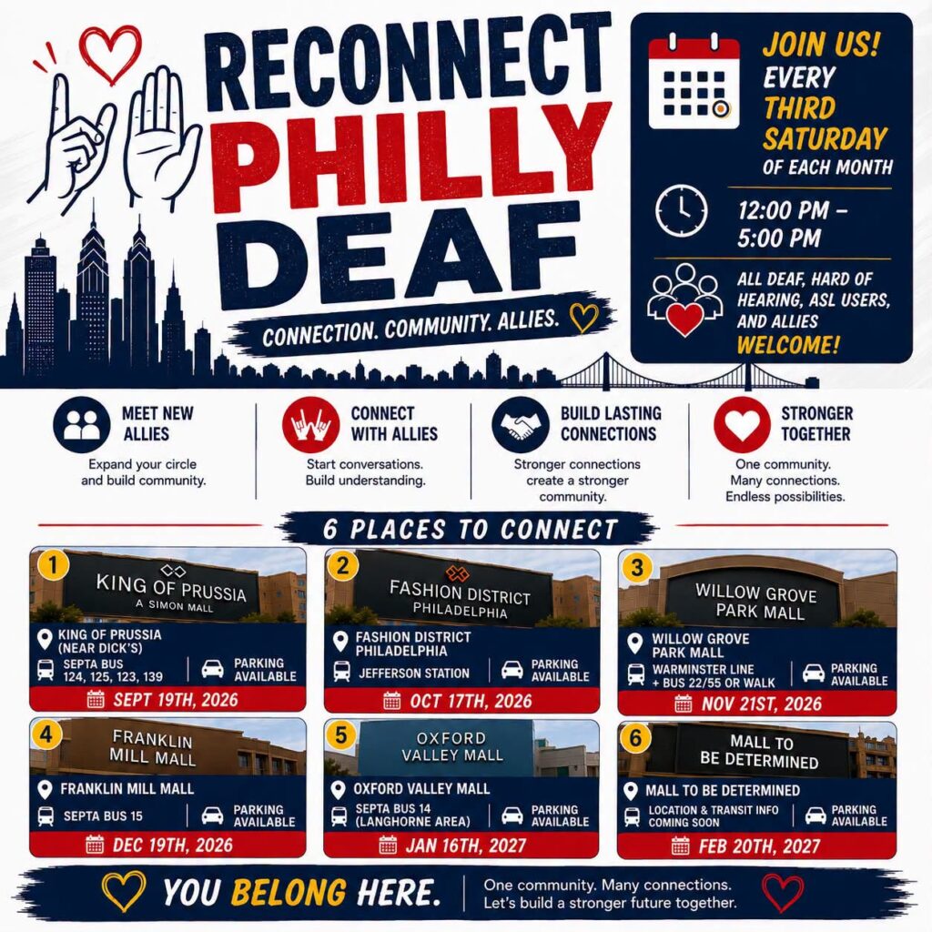 Join us every third Saturday of the month from 12:00 PM–5:00 PM as we gather at different shopping malls across the Greater Philadelphia area to reconnect, meet new people, and strengthen our community. You are welcome to come and go anytime. Everyone is welcome: Deaf Hard of Hearing ASL Users Allies Upcoming Meetups September 19, 2026 – King of Prussia Food Courts (near Dick’s) SEPTA Bus 124, 125, 123, 139 Parking available October 17, 2026 – Fashion District Philadelphia Jefferson Station Parking available November 21, 2026 – Willow Grove Park Mall Warminster Line + Bus 22/55 or walk Parking available December 19, 2026 – Franklin Mall SEPTA Bus 15 Parking available January 16, 2027 – Oxford Valley Mall SEPTA Bus 14 (Langhorne area) Parking available February 20, 2027 – Mall to Be Determined Parking available You belong here. One community. Many connections. Let’s build a stronger future together. Questions? Philip Wismer philwismer@gmail.com 