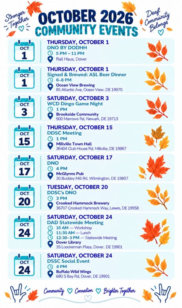 October 2026 Community Events
- created by Silent Social Club
DNO
Oct 1, 5-11pm
Rail Haus, Dover
Signed & Brewed: ASL Beer Dinner
Oct 1, 6-8p
Ocean View
WCD Dingo
Oct 3, 1pm-????
Brookside Community Ctr, Newark
DDSC Meeting
Oct. 15, 1pm-????
Millville, DE
DNO
Oct 17, 4pm-????
McGlynns Pub, Wilmington
DDSC DNO
Oct 20, 3pm-????
Crooked Hammock Brewery, Lewes
DAD Statewide Meeting
Oct. 24, 10a-3p
DDSC Social Event
Oct 24, 4pm-???
Buffalo Wild Wings, Dover